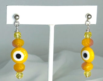Lemon Yellow Glass Bead Evil Eye Drop Dangle Earrings