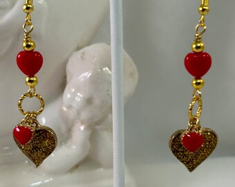 Golden Light of Love Red and Gold Color Dangle earring with Czech Glass beads and Glittery Gold Charms