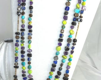 Upcycled Multi-Strand Gemstone Necklace: Onyx, Jasper, Lapis, Turquoise, Howlite, Amethyst