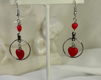 Silver Haloed Hearts Dangle Earrings with Pressed Czech Glass Hearts in Opaque Red
