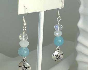 Ocean Wave Inspired Amazonite & Glass Bead Dangle Earrings with Sand Dollar Silvery Charms