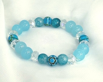 Apatite, Amazonite, & Glass Beaded Stretch Bracelet in Coastal, Watery Hues of Blue, Aqua, Turquoise