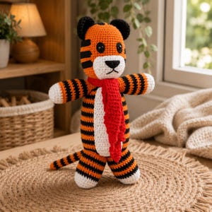 May include: A crocheted tiger soft toy featuring orange and black stripes, a white belly, and a white muzzle. The tiger has black ears, black eyes, and a black stitched nose. It wears a long, textured red scarf around its neck.