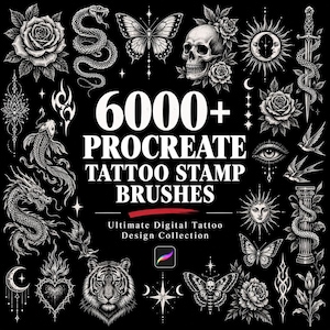 以下が含まれることがあります： 6000種類以上のProcreate用タトゥースタンプブラシのデジタルコレクション。黒い背景に、バラ、ヘビ、蝶、ドクロ、太陽、月、短剣、鯉、龍、虎、花柄などの白黒イラストが描かれています。