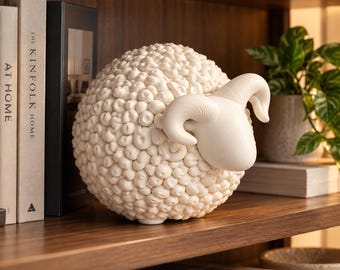 May include: A cream-colored ram figurine with a textured, rounded body composed of small, pebble-like shapes and a smooth head featuring curved horns. The sculpture is positioned on a wooden shelf next to books and a potted plant.