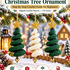 May include: A digital crochet pattern for a spiral Christmas tree ornament. The text reads Spiral Crochet Christmas Tree Ornament, Step-By-Step Crochet Guide for Beginners, Digital Crochet Pattern, US Terms, and CrochetPatternArts.