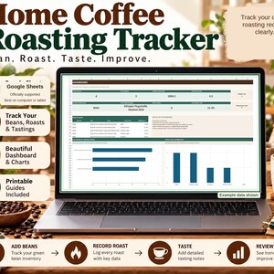 Könnte beinhalten: Ein digitaler Home Coffee Roasting Tracker auf einem Laptop-Bildschirm, der ein Dashboard mit Diagrammen, Tabellen und Datenfeldern zur Verfolgung von Bohnen, Röstungen und Verkostungen zeigt. Die Benutzeroberfläche enthält Textbeschriftungen wie Plan, Roast, Taste, Improve.