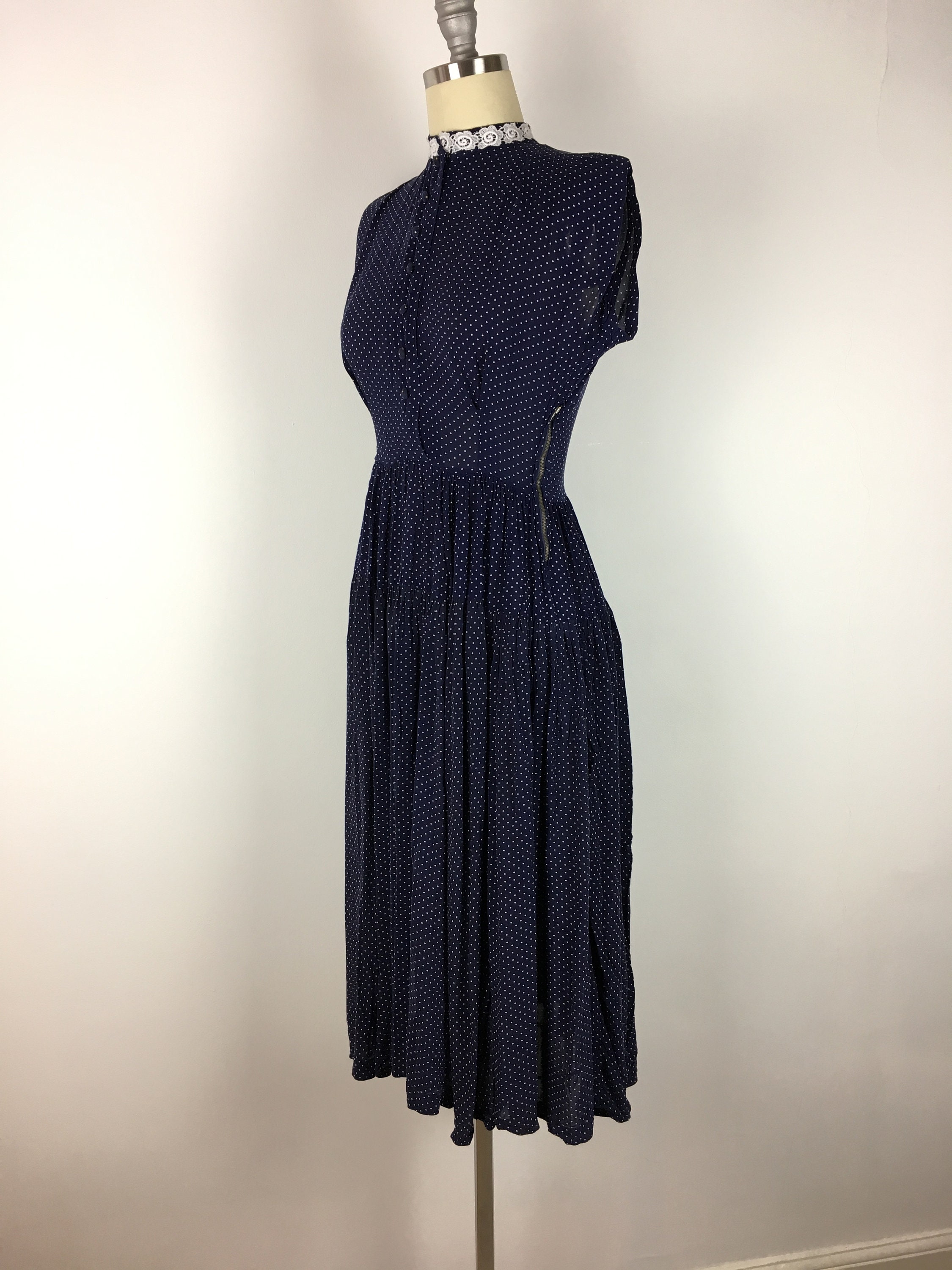 Vintage 1930s Dress 30s Navy Blue Polka Dot Silk Rayon Dress - Etsy UK