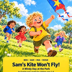 Può includere: Una copertina di un libro per bambini intitolata Sam's Kite Won't Fly! A Windy Day at the Park di Dr. Tracy. L'illustrazione mostra quattro bambini che corrono in un parco erboso, con un bambino in primo piano che tiene un aquilone rosso, blu e giallo.