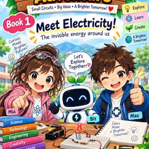 May include: Electronics Adventure Book 1 Meet Electricity cover featuring two cartoon children, Mia and Max, and a small robot named Bit. They are at a desk with a breadboard circuit, battery pack, and a stack of books labeled Science, Technology, Engineering, Creativity, and A Better World.