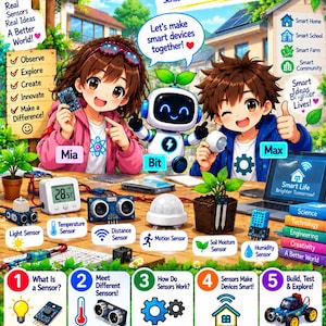 May include: An educational book cover titled Electronics Adventure Book 4 Sensors & Smart Devices featuring two cartoon characters, Mia and Max, with a small robot named Bit, surrounded by various electronic sensors and STEM learning icons.