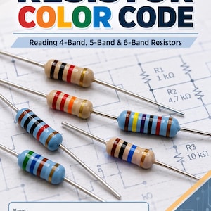 May include: A lab worksheet titled Resistor Color Code for reading 4-band, 5-band, and 6-band resistors. The page features a circuit diagram background with five electronic resistors in tan and blue, each with distinct colored bands.