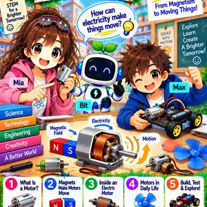 May include: Electronics Adventure Book 3 Motors & Motion educational cover featuring characters Mia, Max, and Bit the robot. Includes diagrams of electric motors, magnets, and circuits with text labels like Science, Technology, and STEM for a Brighter Tomorrow.