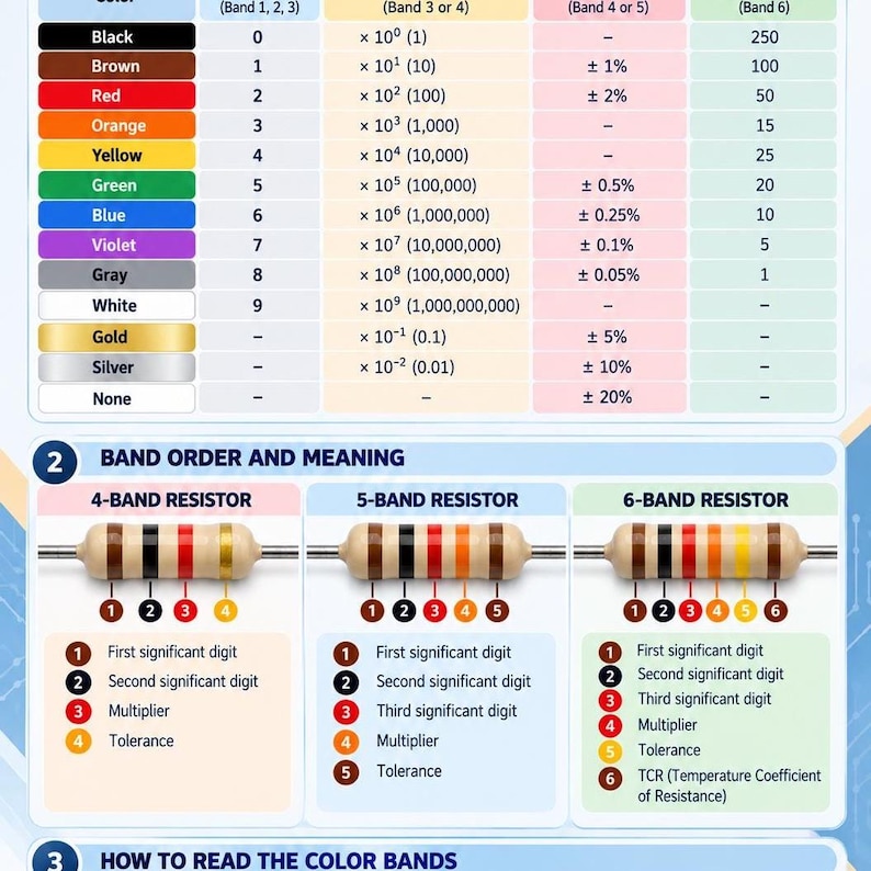 Resistor Colou Code Resistor Color Code Worksheet | 4, 5 and 6 Band Resistors | TCR & DMM ...
