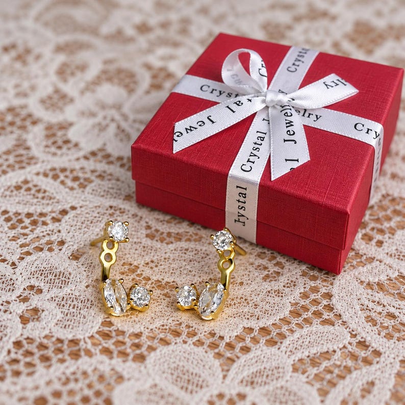 Text In Jacket Oval CZ Ear Jacket Earrings in Gold or Silver With Round Crystal Studs ...