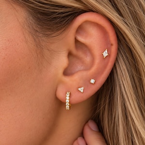 CZ Earring Set for Multiple Piercings, Dainty Huggie Hoop & Stud Earrings, Curated Ear Stack, Minimalist Cartilage Jewelry