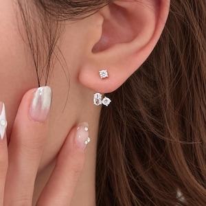Oval CZ Ear Jacket Earrings in Gold or Silver with Round Crystal Studs, Dainty Front Back Jewelry for Women, Bridesmaid and Birthday Gift