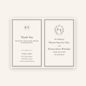 Könnte beinhalten: Eine gefaltete Hochzeitseinladungskarte in Creme mit schwarzem Text und Rändern. Die linke Seite zeigt Thank You und Veranstaltungsdetails. Die rechte Seite enthält ein Wappen mit E&T, die Namen Eleanor Beatrice Hart und Thomas James Whitaker sowie das Datum Sonntag, 10. Mai 2026 im The Cedar Manor.