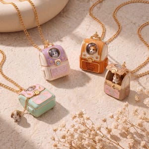 May include: Four gold-tone chain necklaces featuring miniature backpack-shaped pendants. Each pendant has a small window displaying a tiny animal figure, including a cat, a corgi, a hamster, and a rabbit, with pastel-coloured enamel details.