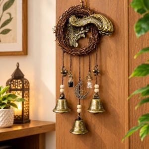 May include: A decorative wall hanging featuring a circular brown twig wreath adorned with an ornate brass-toned door handle. Three brass bells hang from brown cords, interspersed with small wooden beads, two tiny glass vials, and a crescent moon charm.