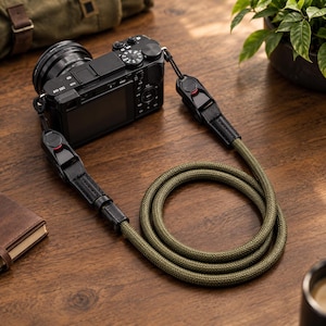May include: A black mirrorless camera attached to an olive green rope camera strap. The strap features black leather connectors with red accents at the attachment points. The rope is coiled in a circular pattern, showcasing a textured weave.