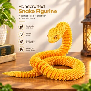 May include: A bright yellow articulated snake figurine with a textured, scale-like surface and dark eyes. The text on the image reads: Handcrafted Snake Figurine, A perfect blend of creativity, art and elegance, Handmade with Care, Unique Design, Lightweight & Durable, Perfect for Home Decor.