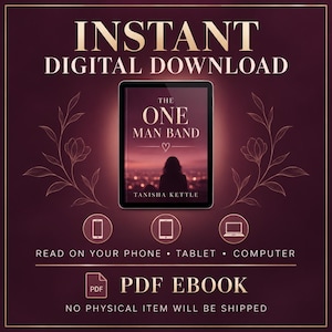 Könnte beinhalten: Ein digitales Buchcover mit dem Titel The One Man Band von Tanisha Kettle, das eine Silhouette vor einer abendlichen Stadtkulisse zeigt. Die Grafik enthält den Text Instant Digital Download, PDF Ebook sowie Symbole für Telefon, Tablet und Computer.