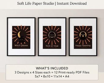 May include: Three framed wall art prints featuring Halloween themes. Each print has a black background with orange sunburst rays, a central icon of a cat, pumpkin, or ghost, and text reading Witch please, Trick or treat, and Happy haunting.