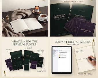 May include: A wellness journal bundle titled The Hallowed Hour, featuring a physical journal, two guides, and twelve affirmation cards. Digital components include print-ready files and wallpapers accessible via tablet, with a focus on gothic-cozy themes.
