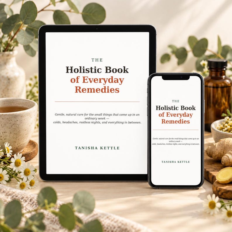 May include: A tablet and a smartphone displaying the book cover titled The Holistic Book of Everyday Remedies by Tanisha Kettle. The text includes the subtitle Gentle, natural care for the small things that come up in an ordinary week.