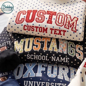 Embroidered Custom College Polka Dot Mock Neck, Personalized Varsity School Name Sweatshirt, Patchwork Applique Team Mascot Shirt