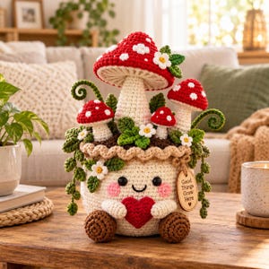 May include: A crocheted planter with a smiling face, pink cheeks, and brown feet, holding a red heart. It features three red-and-white spotted mushrooms, green vines, and small white flowers. A wooden tag reads: Good Things Grow Here.