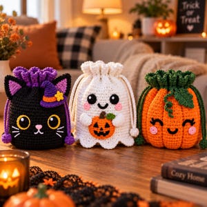 May include: Three crochet drawstring pouches featuring Halloween characters: a black cat with a purple witch hat, a white ghost holding a small orange pumpkin, and an orange pumpkin with a green stem and leaves, all with embroidered faces.