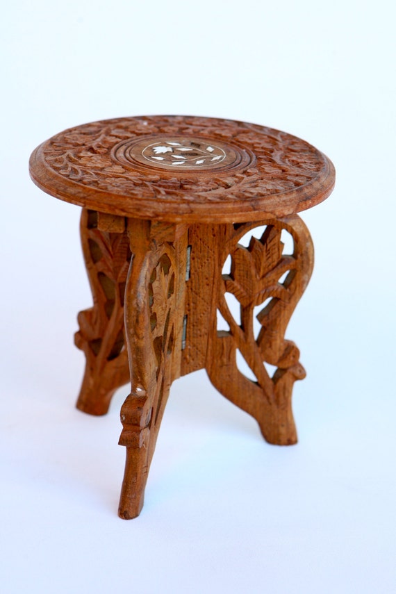 Tiny antique hand carved three legged wooden table Etsy
