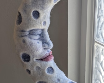 Large Blue Felted Crescent Moon OOAK