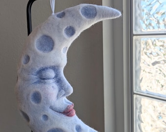 Large Blue Felted Crescent Moon OOAK
