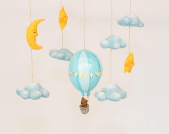 Felted Hot Air Balloon Mobile with Moon, Stars, Clouds and Bear