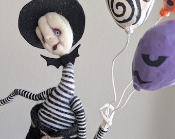 Needle Felted Halloween Scarecrow Circus Clown with Pumpkin Head