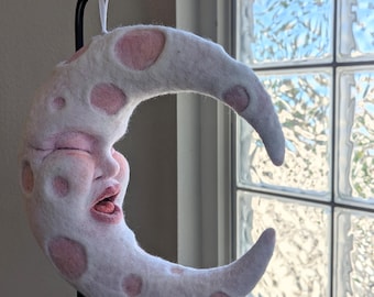 Large Pink Felted Crescent Moon OOAK