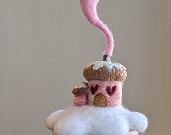 Felted Valentine  house with heart shaped chimney smoke
