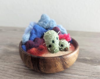 Needle Felted Desert Landscape with mountain range and cactus fairy house