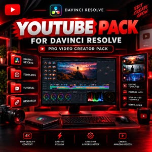 Op de afbeelding: Een digitale productweergave voor een DaVinci Resolve YouTube-pakket met een computermonitor die videobewerkingssoftware toont, een toetsenbord, een muis en een camera. De afbeelding bevat tekst zoals YouTube Pack, Pro Video Creator Pack en Edit Create Grow.
