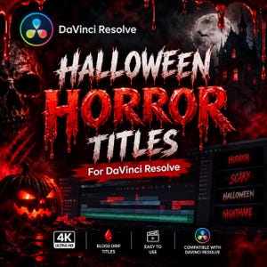 May include: A digital graphic for DaVinci Resolve featuring the text HALLOWEEN HORROR TITLES in a red, blood-dripping font. The background displays a skull, a jack-o'-lantern, a haunted mansion, and a video editing interface with 4K icons.