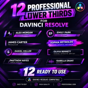 Puede incluir: Una pantalla gráfica digital que muestra 12 tercios inferiores profesionales para DaVinci Resolve. El diseño presenta un esquema de color morado oscuro y negro con acentos de neón, mostrando varias plantillas de nombres y títulos.