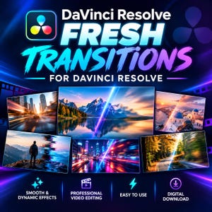 May include: A digital graphic for DaVinci Resolve Fresh Transitions featuring the software logo, bold text, and six rectangular video previews showing landscapes, cityscapes, and motion blur effects against a dark blue and purple neon background.