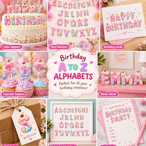 Candy Cupcake Alphabet A-Z, Sweet Birthday Party Decor (Digital Download)