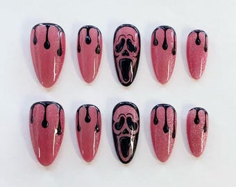 Halloween Nails/Ghostface Scream Nails/Pink Press On Nails Long Almond Nails/Black Drip Nails/Gothic Nails/Glitter Nails/Custom Nails