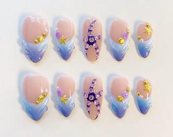 Mermaid Nails/3D Starfish Nails/Y2K Nails/Blue Purple Press On Nails Long Almond Nails/Gold Seashell Nails/Rhinestone Nails/Custom Nails
