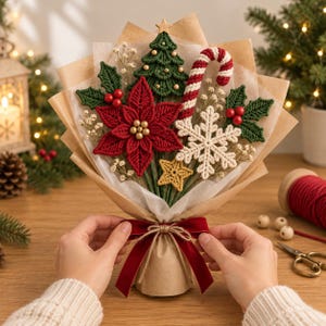May include: A macrame Christmas bouquet featuring a red poinsettia, a green Christmas tree, a red and white candy cane, a white snowflake, a yellow star, and green holly leaves with red berries, wrapped in brown paper with a red velvet ribbon.