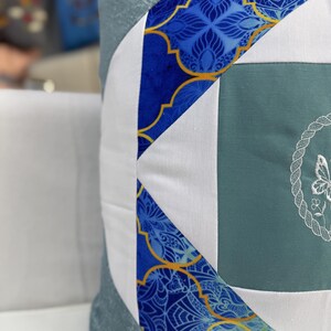 Patchwork Pillow Cover, Blue Tile Pattern Patchwork Cushion, Butterfly Embroidered Cotton Cushion Case, 18x18 Boxed Seat Cushion